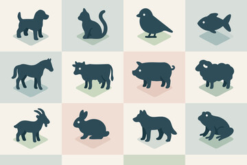 Fototapeta premium Silhouette collection of twelve farm and domestic animals on colored backgrounds