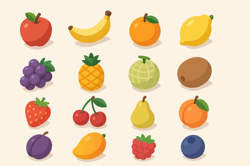 Colorful cartoon fruit collection featuring 16 diverse varieties on light background