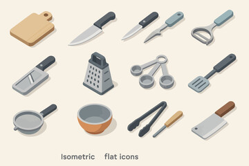 Obraz premium Isometric kitchen utensils: knife, grater, peeler, cutting board, bowl in flat design