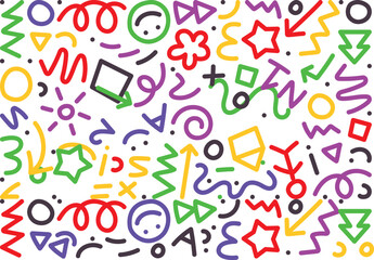 Funky crayon drawn geometric shapes and lines. Colorful pencil or chalk drawn naive Swiss design aesthetic. Basic geometric shapes, dots, playful pattern, primitive forms and figures