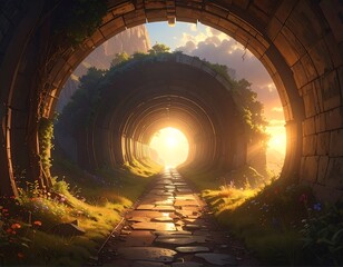 Mystical tunnel leading to radiant light with ancient stonework and nature