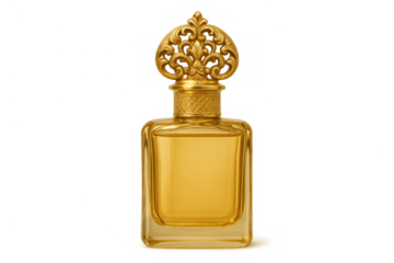 Gold perfume bottle showcasing luxury and elegance with ornate decorative cap, transparent background illustrating beauty and fragrance