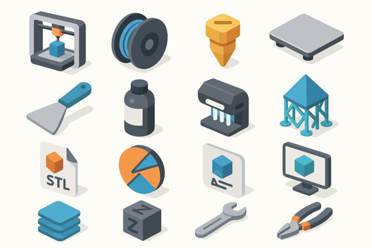 Isometric icons of 3d printing tools and components