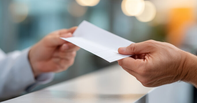 Close-up of two people exchanging a white envelope over a counter in a blurred indoor setting with soft lighting and bokeh background