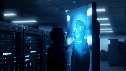 A silhouette of a hacker in a dark server room examines a holographic image of a digital face on a glowing screen - Powered by Adobe
