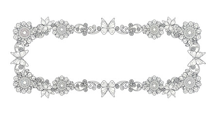 Hand-drawn Ornate Floral Frame with Bows and Leaves.