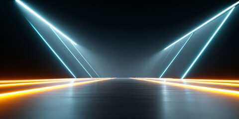 Futuristic empty corridor with glowing blue and orange neon lights creating symmetrical geometric patterns and reflections on dark floor surface