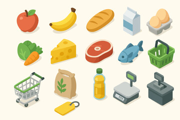 Isometric grocery icons: fruit, vegetables, dairy, meat, shopping items