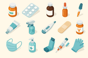 Healthcare essentials: medication, thermometer, medical mask, gloves, syringe, inhaler, bandage