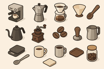 Vintage coffee making illustrations featuring brewing tools and coffee beans