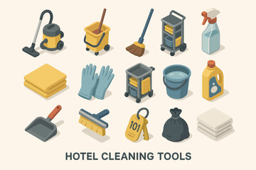 Various hotel cleaning tools and equipment in vintage style art