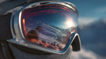 A close-up of sleek ski goggles reflecting a crisp winter