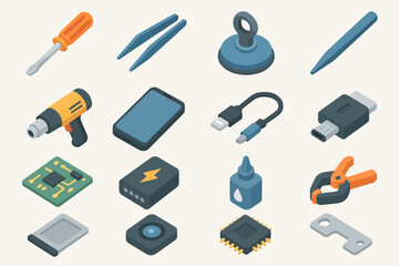 Obraz premium Collection of repair tools and electronic components in isometric view
