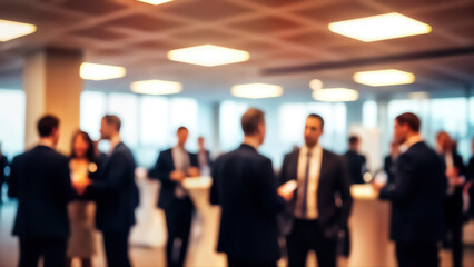 Blurred image of business people networking and socializing at a corporate event or conference reception with modern ceiling lights overhead