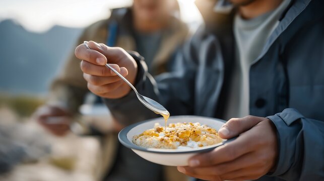 A nutrient-rich meal capsule dissolving into a bowl of hot water during a wilderness expedition, hikers gathered around with astonished faces — survival technology, compact nutrition, and modern