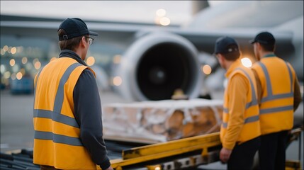 A team of ground crew loading luggage onto a conveyor belt beside a parked aircraft, working efficiently under the hum of jet engines &mdash; airport logistics, baggage handling workflow, and coordinated