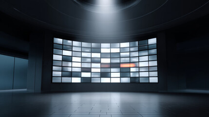 Futuristic empty room with large curved digital display wall and tiled floor under soft ambient lighting