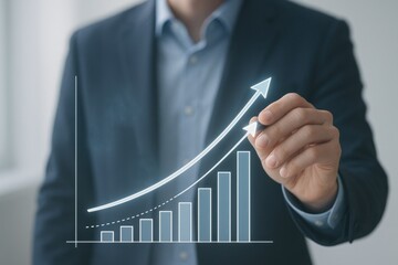 Business professional analyzing performance trends with digital growth graph. Concept of data analysis, strategic planning, and financial success in contemporary corporate environments.