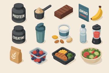 Isometric fitness supplements and food: protein, creatine, healthy snacks, smoothies, water bottle, and fruit