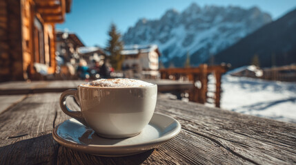 A cup of cappuccino coffee on a table in a cafe at a ski resort