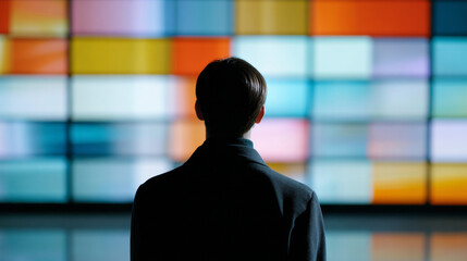 Silhouette of a man standing in front of a large colorful digital screen with abstract rectangular patterns in a dark environment