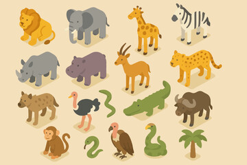 Obraz premium Isometric safari animals collection featuring lion, elephant, giraffe, zebra, and more