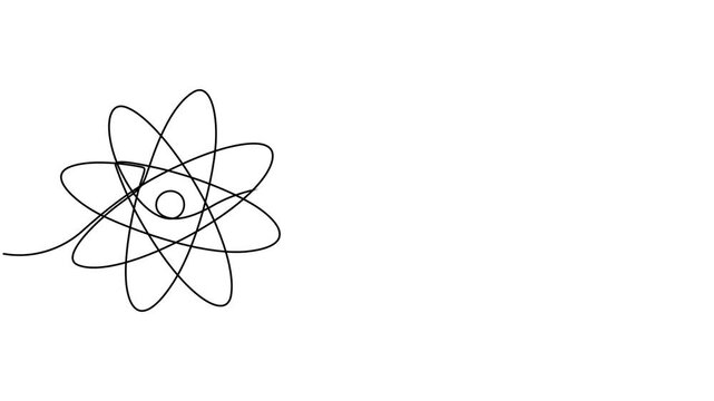 Atom and electrons, animated self drawing of single continuous line, continuous contour movement, video drawing of line in 4k, nuclear energy, chemistry, science, education, Atom for peace, one line