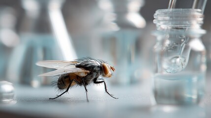 Housefly in a Laboratory Setting Close-up, Showing Interaction with Science