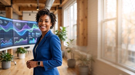 Portrait of a successful african american businesswoman in a modern tech office. Confident female expert analyzing financial data on a large screen with charts. Leadership and innovation in business