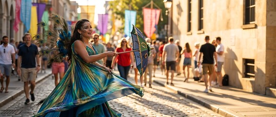 A vibrant performer in a peacock costume twirls gracefully in the street. Joyful woman dancing at a city festival during a sunny celebration