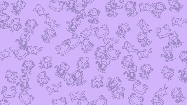 Pattern doodle animals on a whimsical light purple background, handdrawn and full of life. Suitable for childrens products and designs.