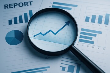 Magnifying glass focusing on a growth chart and statistical report documents. Concept of data analysis, business intelligence, and performance tracking in analytics.