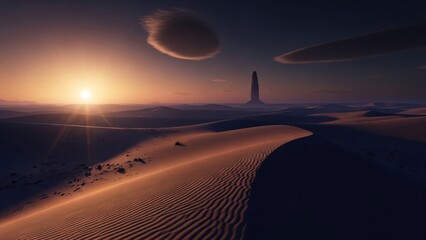 Golden sunrise over a vast desert landscape with a mysterious alien tower
