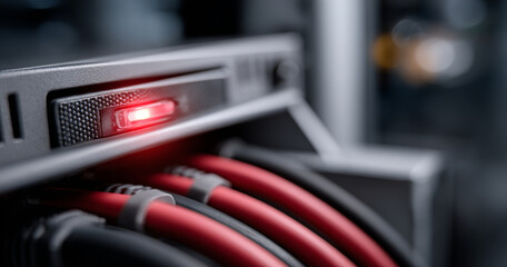Close-up of red network cables connected to a server with a glowing red status indicator light in a data center environment