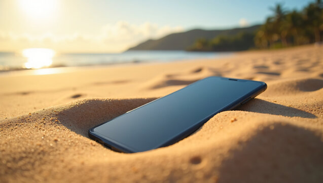 Smartphone on a Tropical Beach at Sunset, Digital Detox Concept. Digital detox scene