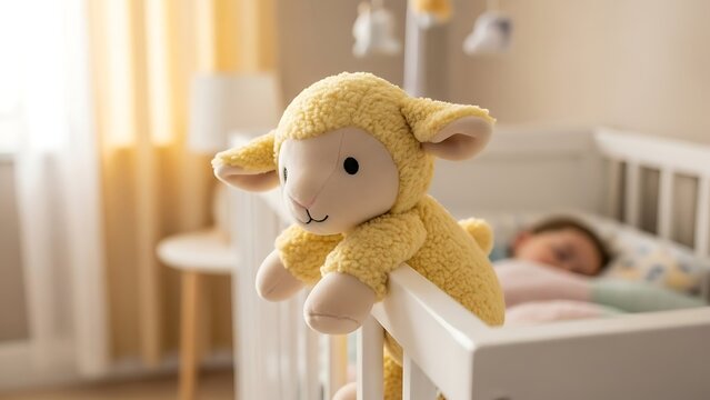 Cute Plush Lamb Toy Hanging on Baby Crib in Nursery with Sleeping Child and Soft Lighting
