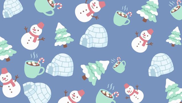 Cute winter seamless pattern featuring snowmen, igloos, snowy trees, and hot cocoa mugs in soft pastel colors, perfect for holiday designs, wrapping paper, and festive backgrounds.