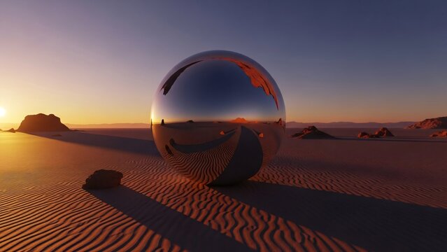 Surreal metallic orb reflecting the golden light of a desert sunset over a vast rippled landscape