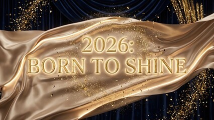 Golden fabric drapes across dark background with scattered glitter for the year 2026.