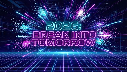 2026 breaks into tomorrow with vibrant lights and particles.