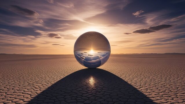 Golden sunset reflected in a crystal ball resting on a vast, dry, cracked desert landscape - Powered by Adobe