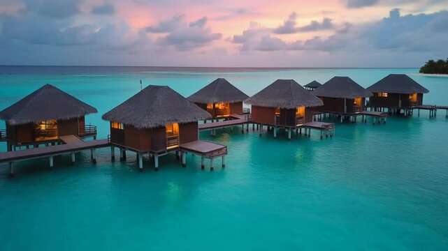 Aerial View Of Maldives Overwater Bungalows At Sunset, Turquoise Lagoon, Luxury Resort, Tropical Par