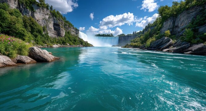 the breathtaking view of the misty blue waters spraying over the right side from the american falls