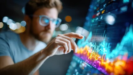 A man interacts with a glowing futuristic financial interface, analyzing colorful digital charts and data visualizations - Powered by Adobe