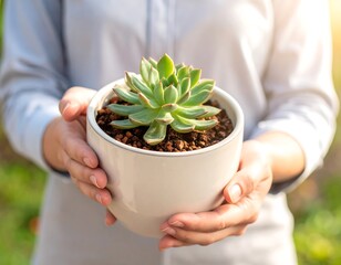 Person holding a beautiful succulent plant in a pot, indoor gardening hobby