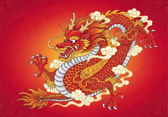 Vibrant Red Dragon Illustration with Clouds and Flames in a Dynamic Artistic Style