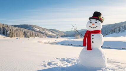 Obraz premium Cheerful snowman in a festive winter wonderland landscape on a sunny day