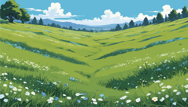a rolling green meadow with wildflowers, trees, and distant mountains under a blue sky with clouds for nature concepts