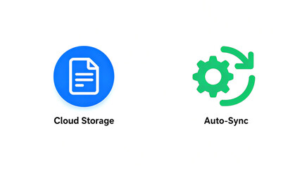 Document cloud storage and gear synchronization elements represent the concept of cloud storage and automatic synchronization, suitable for promotional materials of office software products.
