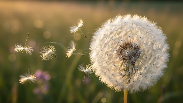 Dandelion seeds floating in a light wind a metaphor for hope new beginnings and letting go